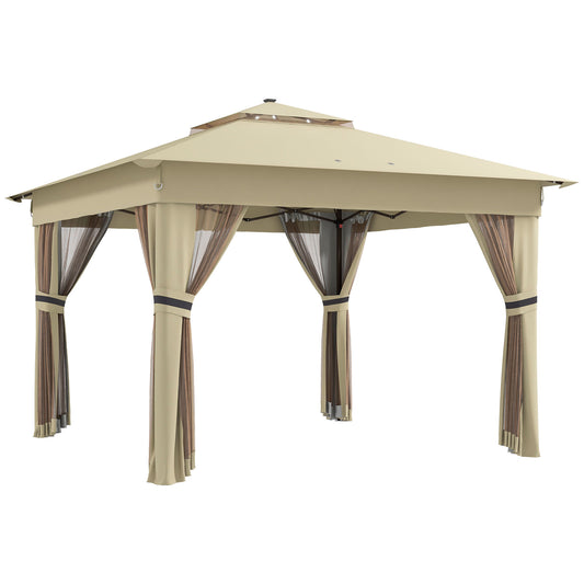 Photo of Outsunny 3.36 x 3.36m Pop Up Gazebo Party Tent with Solar-Powered LED Lights, Adjustable Event Shelter with Netting, Khaki in Khaki colour on a white background