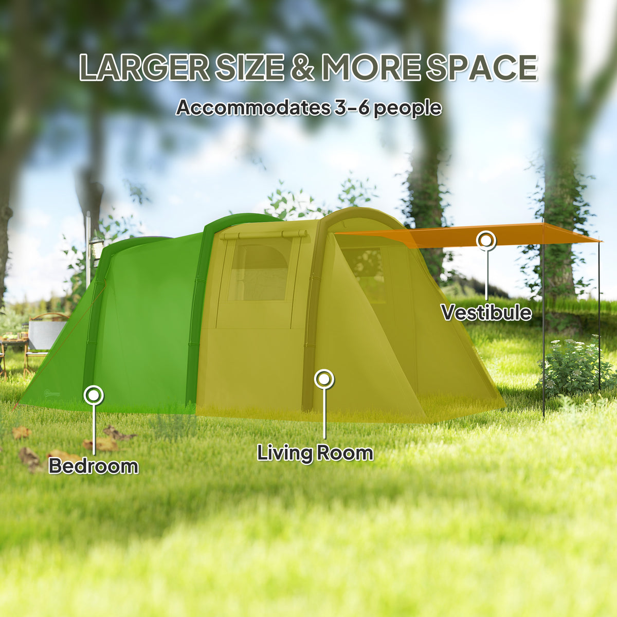 Outsunny Inflatable 3 Man Tunnel Tent w/ Air Pump, Living Area & Vestibule, Waterproof Family Camping Air Tent, Groundsheet, Removable Footprint for Hiking, 440L x 280W x 195Hcm, Olive Green