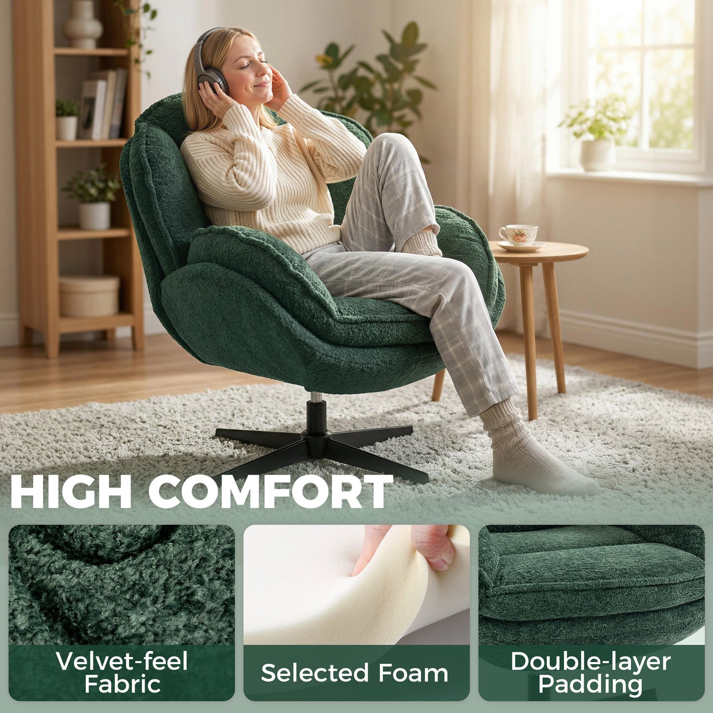 HOMCOM Modern Wingback Accent Chair, Velvet Armchair with Four-Star Base, S-Springs, Swivel, Dark Green