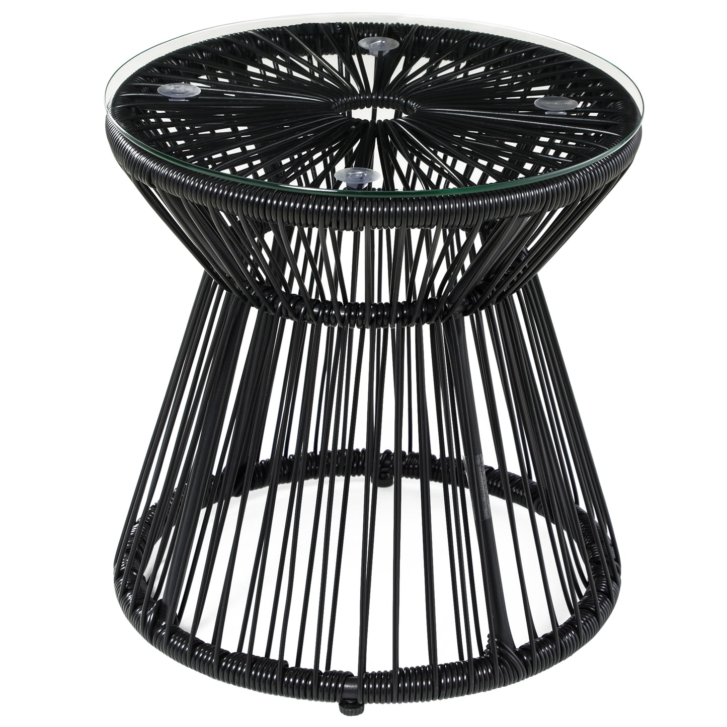 Photo of Outsunny Round End Table, Rattan Side Table, Hollow Drum Design Coffee Table w/ Glass Tabletop for Patio, Garden, Balcony Black in Black colour on a white background