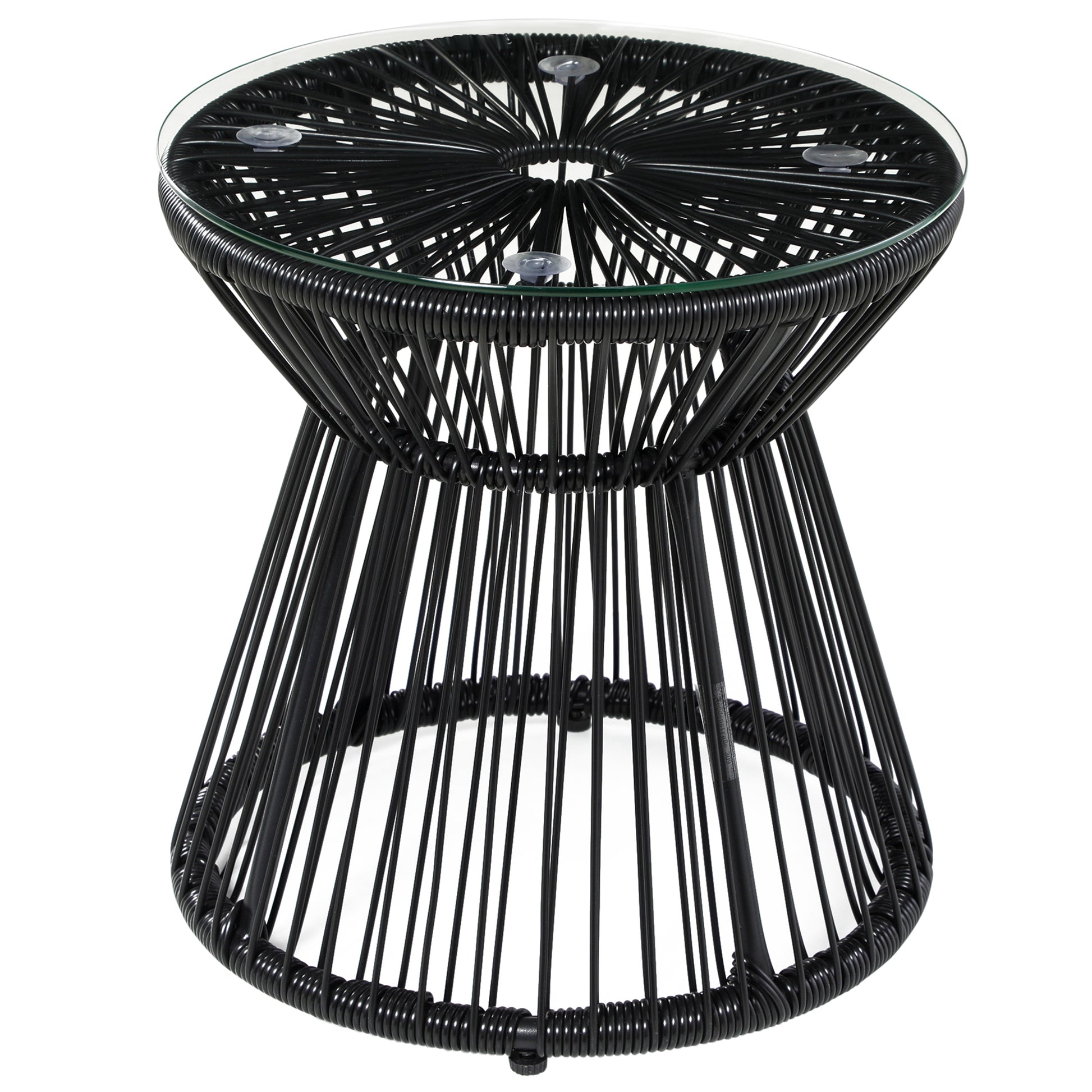 Photo of Outsunny Round End Table, Rattan Side Table, Hollow Drum Design Coffee Table w/ Glass Tabletop for Patio, Garden, Balcony Black in Black colour on a white background