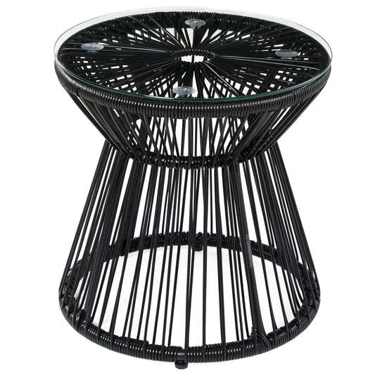 Photo of Outsunny Round End Table, Rattan Side Table, Hollow Drum Design Coffee Table w/ Glass Tabletop for Patio, Garden, Balcony Black in Black colour on a white background
