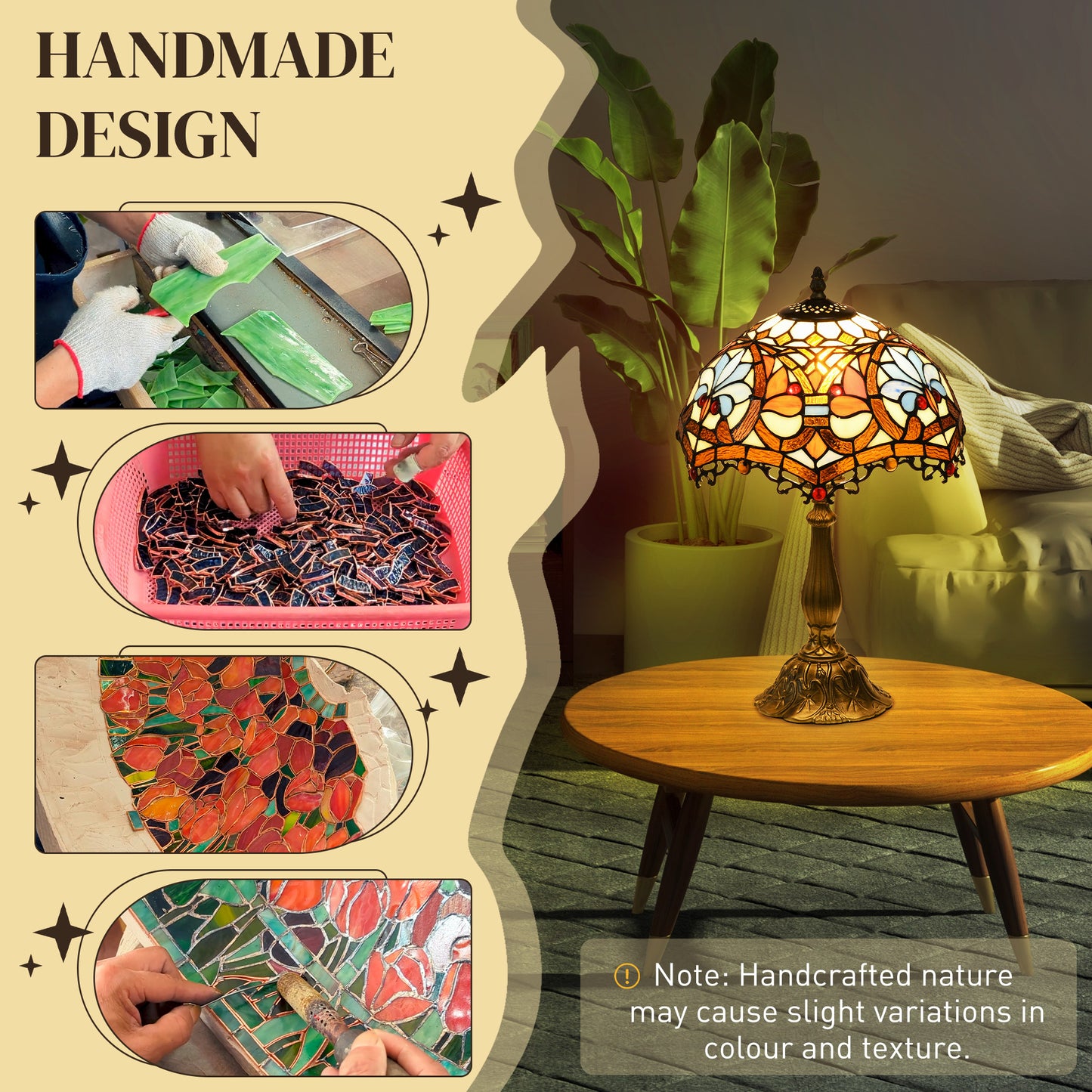HOMCOM Tiffany Lamp, Stained Glass Table Lamp, Handcrafted Artisan Collectible, Suitable for Living Room and Bedside, Multi-Coloured, Ф25 x 45Hcm, Zinc Alloy.