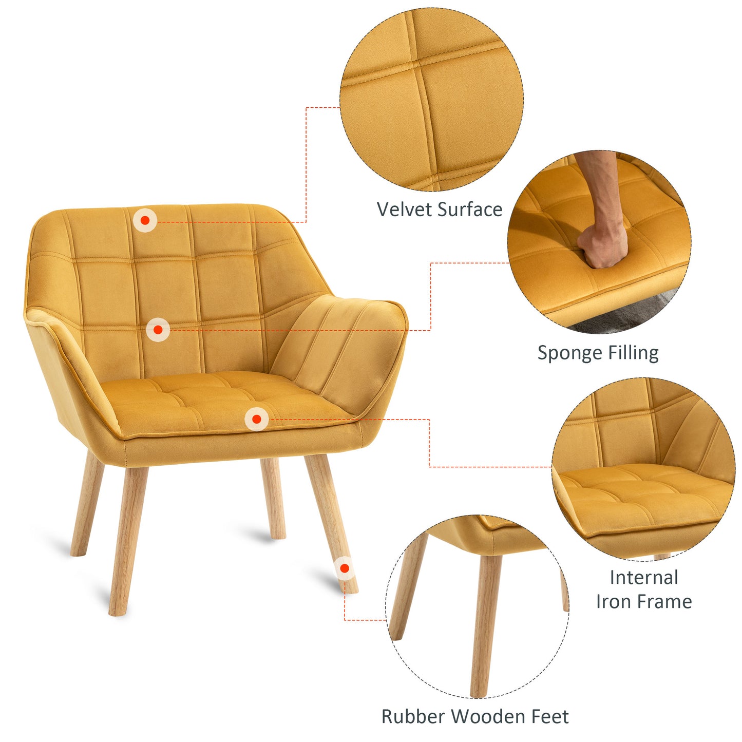 HOMCOM Accent Chair, Velvet Upholstered Vanity Tub Chair with Flared Armrests, Slanted Back, Solid Wood Legs, Comfy Padding Armchair, Home Bedroom Furniture Seating, Yellow