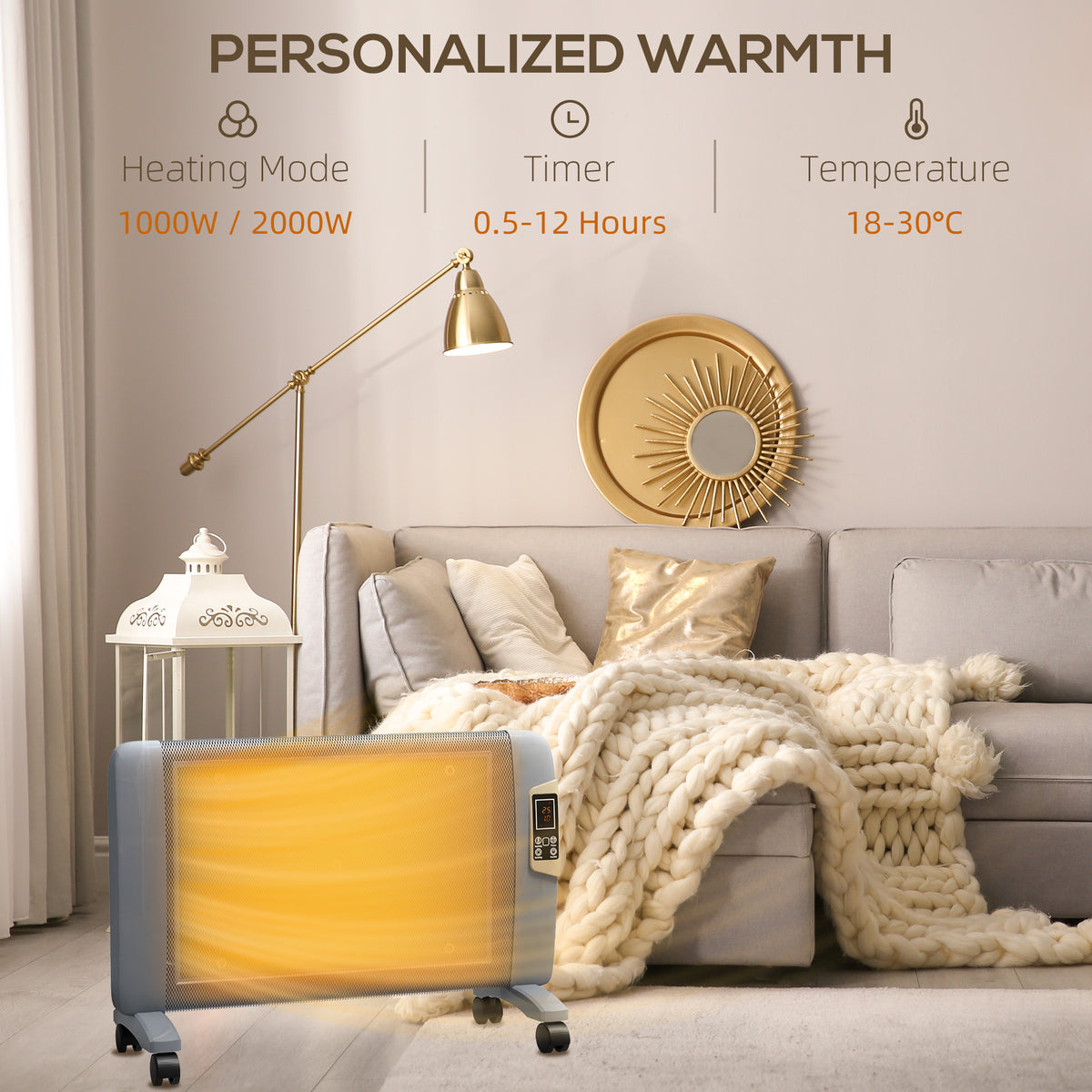 HOMCOM grey electric space heater with glowing mica panel and caster wheels