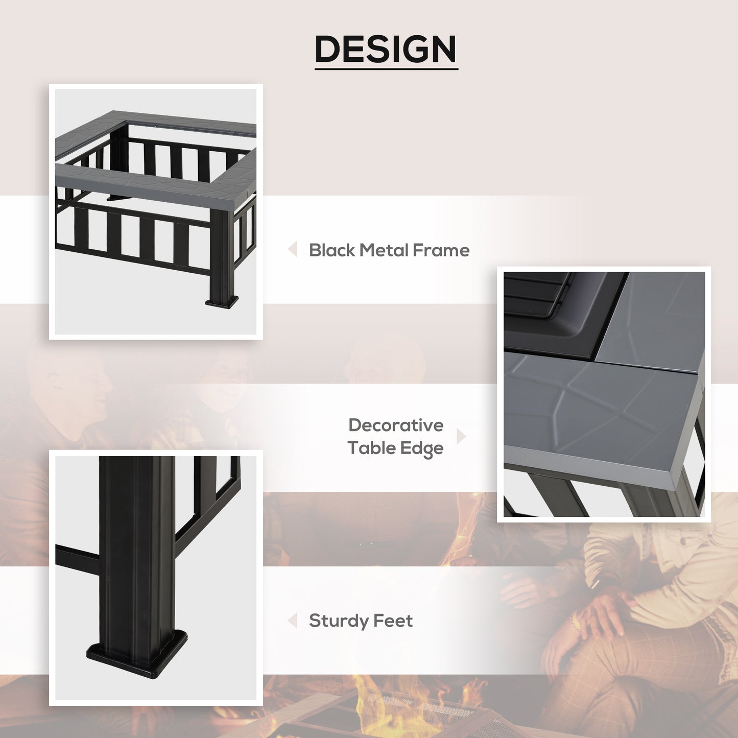 Outsunny Metal Large Firepit Outdoor Square Fire Pit Brazier with Rain Cover, Lid, Log Grate, Poker for Backyard, Camping, BBQ, Bonfire, Wood Burning Stove, 86 x 86 x 54cm, Black