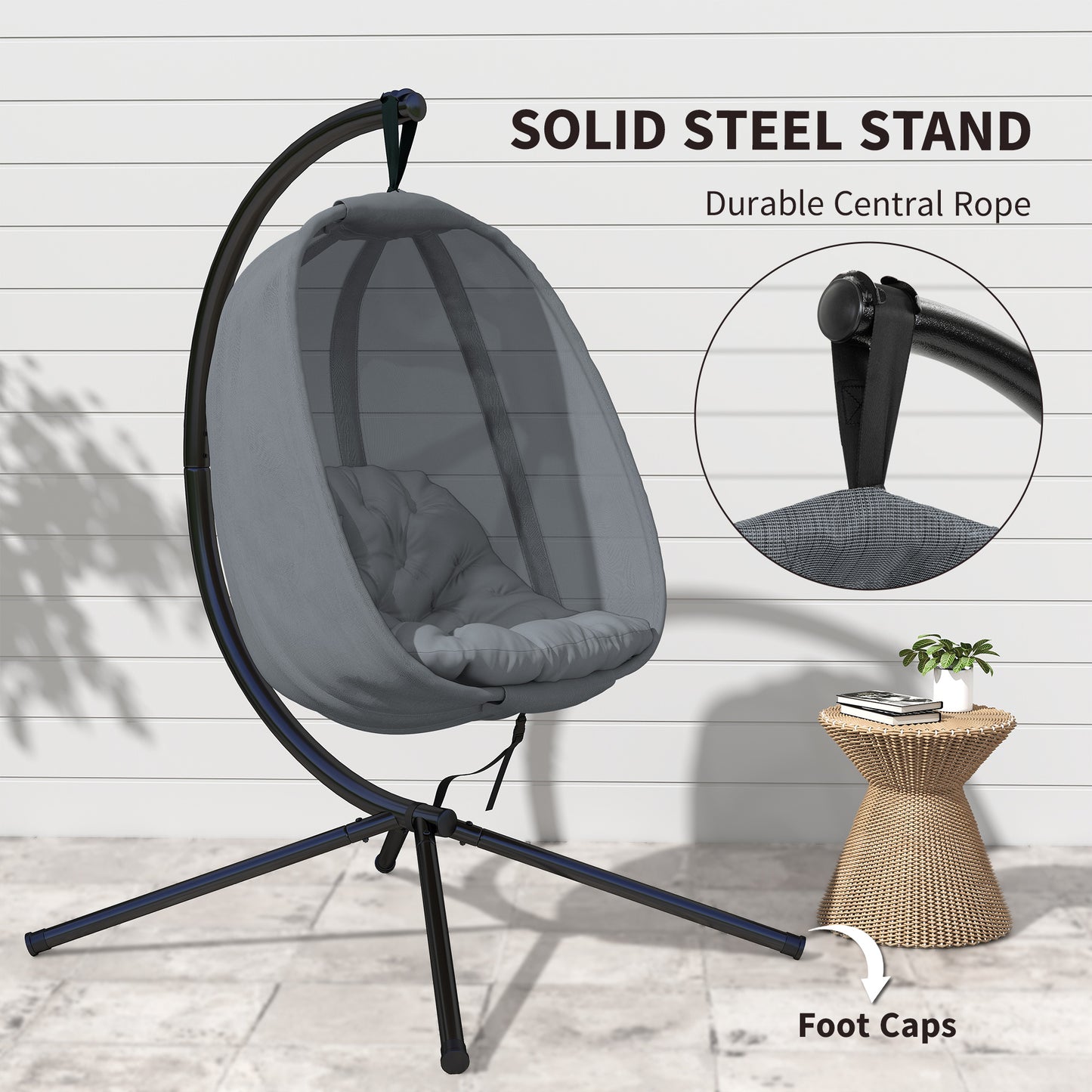 Outsunny Hanging Egg Chair, Folding Texteline Swing Hammock with Side Pocket, Cushion and Stand for Indoor Outdoor, Patio Garden Furniture, Grey