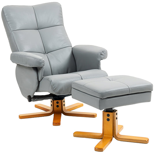 Photo of HOMCOM PU Leather Swivel Recliner Chair with Footstool, Wooden Base and Storage for Living Room, Light Grey in Grey colour on a white background