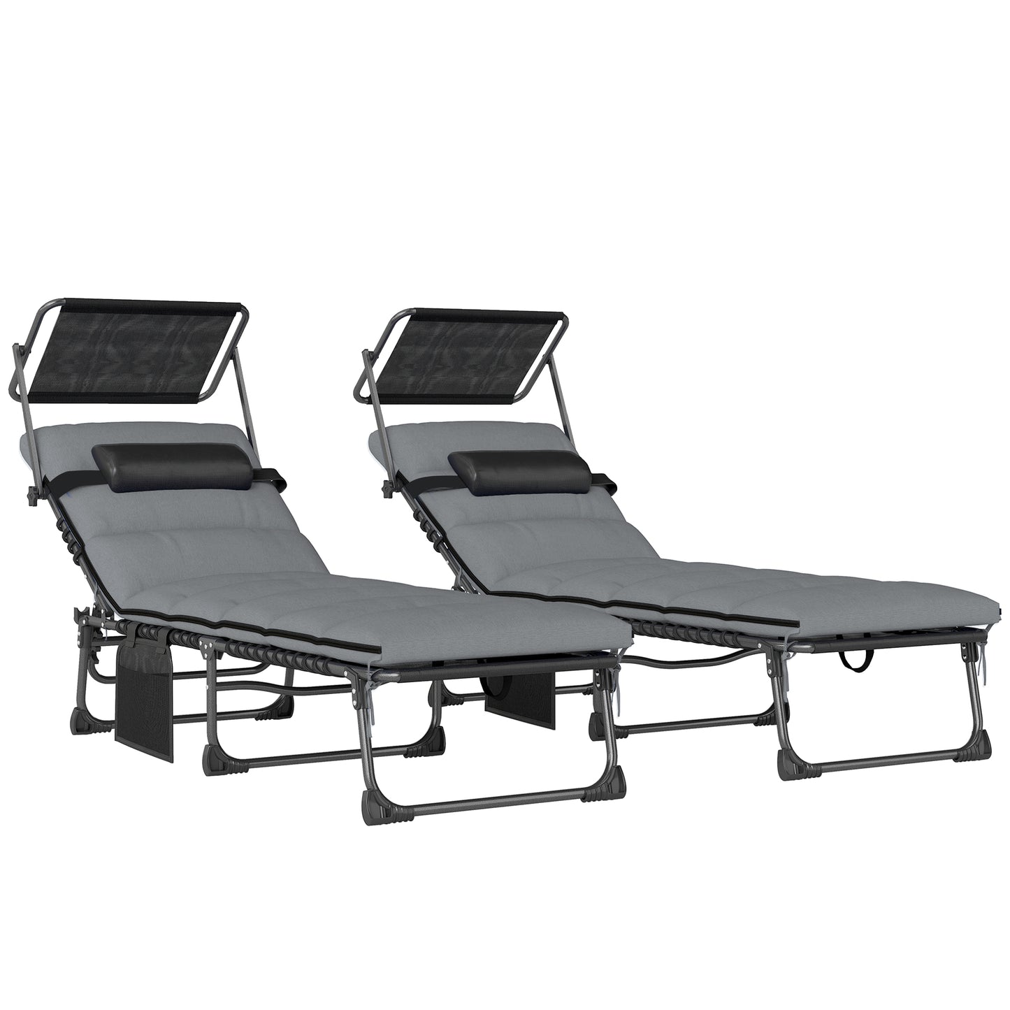 Photo of Outsunny Folding Sun Loungers Set of 2 with Canopy, Reclining Sunbed with Cushion, Side Pocket, Carrying Handle, Light Grey in Grey colour on a white background