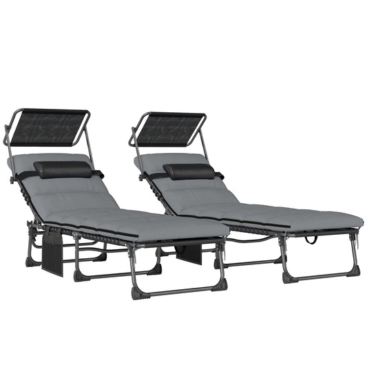 Photo of Outsunny Folding Sun Loungers Set of 2 with Canopy, Reclining Sunbed with Cushion, Side Pocket, Carrying Handle, Light Grey in Grey colour on a white background