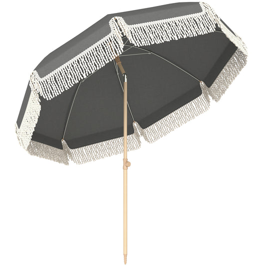 Photo of Outsunny 1.7 m Beach Umbrella with Sand Anchor, 30° Tilting Fringed Beach Garden Parasol with Adjustable Height, Grey in Grey colour on a white background