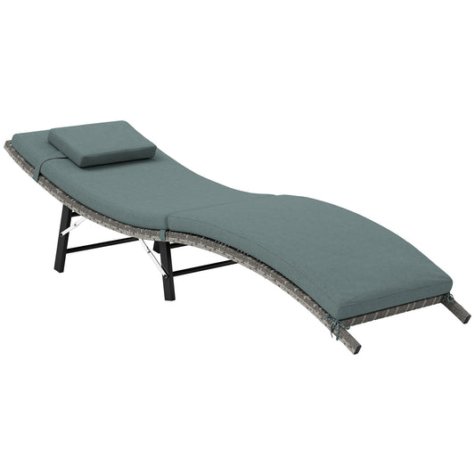 Photo of Outsunny Rattan Folding Sun Lounger Outdoor Chair with Cushion and Pillow Mixed Grey in Grey colour on a white background