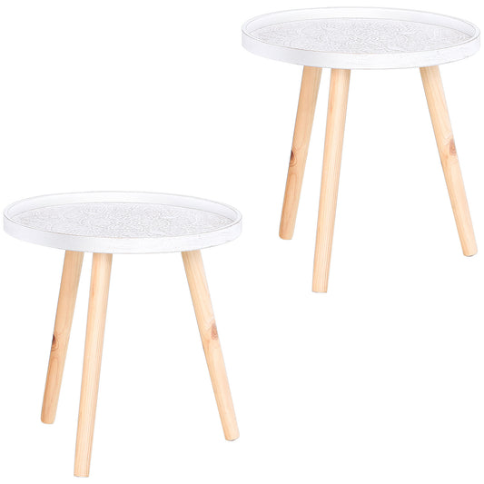 Photo of HOMCOM Coffee Table, Carved Floral Round Table with Tray-style Top and Wood Legs, Modern Side Table for Living Room, Set of 2, White in White colour on a white background
