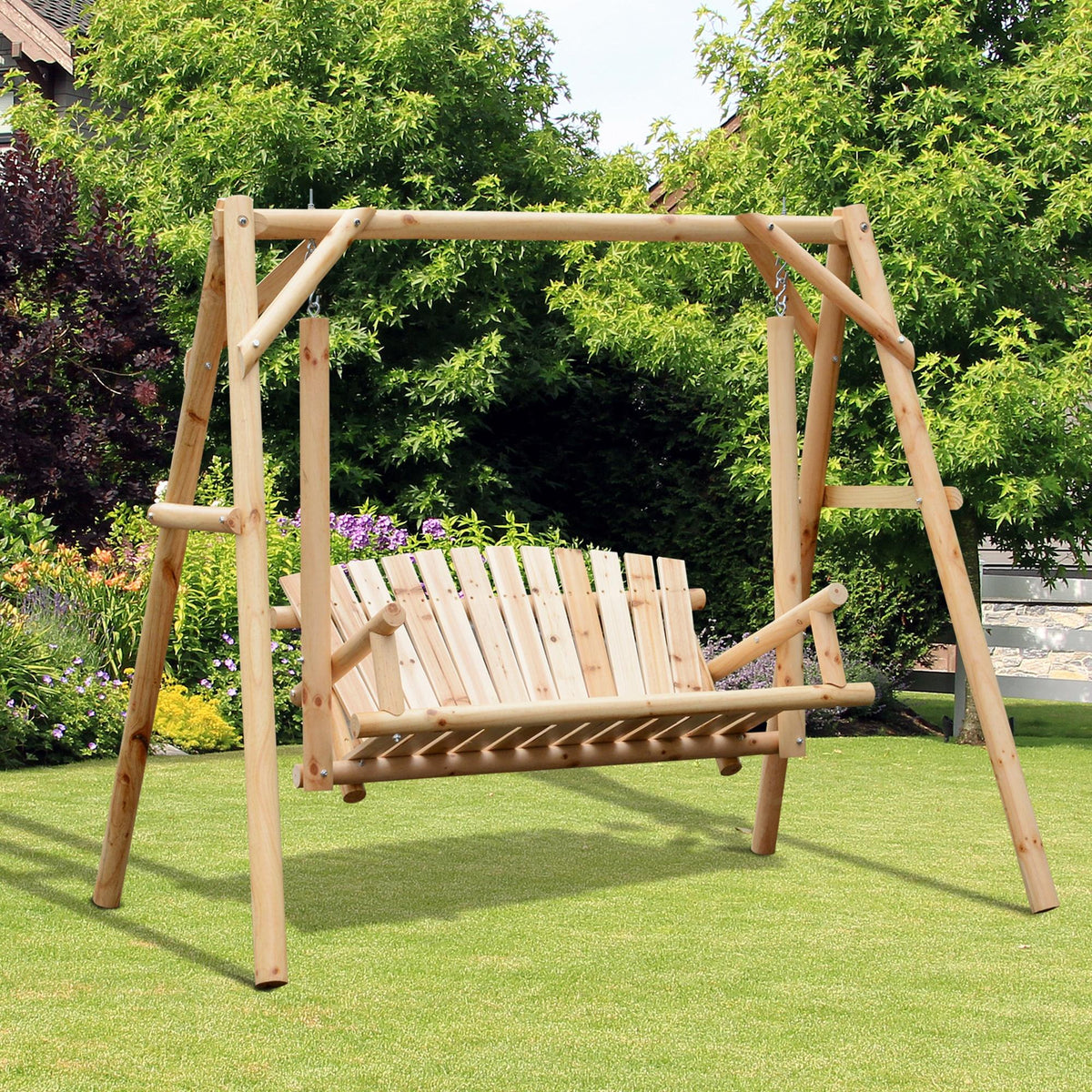 Outsunny 2 Seater Wooden Garden Swing Chair, Larch Wood Porch Swing Seat Bench Lounger for Outdoor Patio Garden, 300kg Capacity