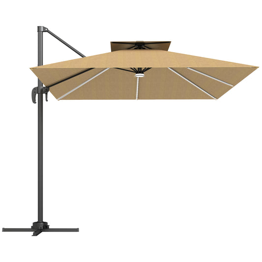 Photo of Outsunny 2.5m Cantilever Parasol with Solar Powered LED Lights, 360° Rotation, Tilt Adjustment, Crank Handle, Khaki in Khaki colour on a white background