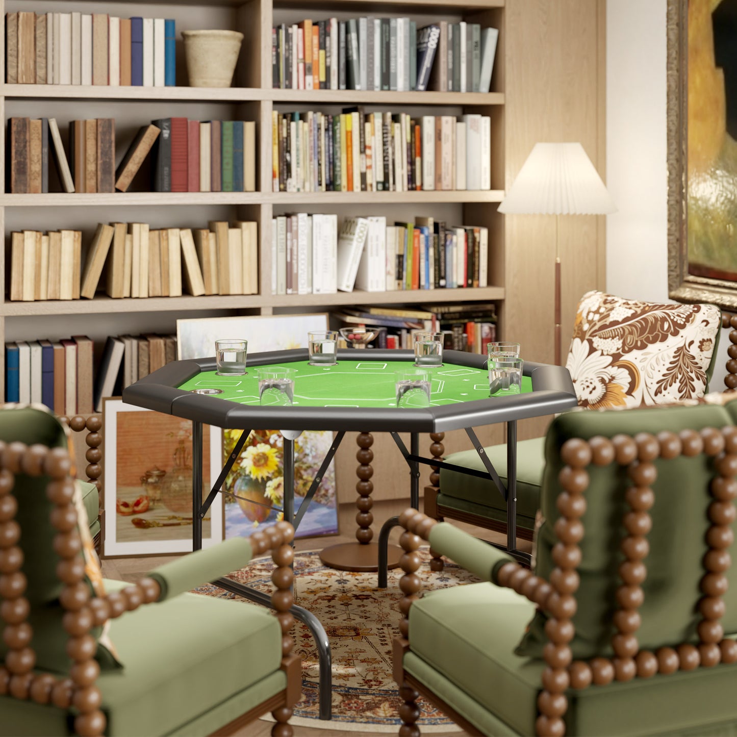 SPORTNOW 8 Player Folding Poker Table, Portable Octagon Blackjack Table with Cup Holders, Padded Edge, Green