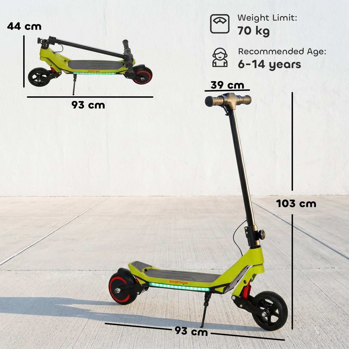 SPORTNOW Electric Scooter for Kids, Foldable E Scooter for Age Age 6+ with LED Display, RGB lights, Up to 16km/h, Green