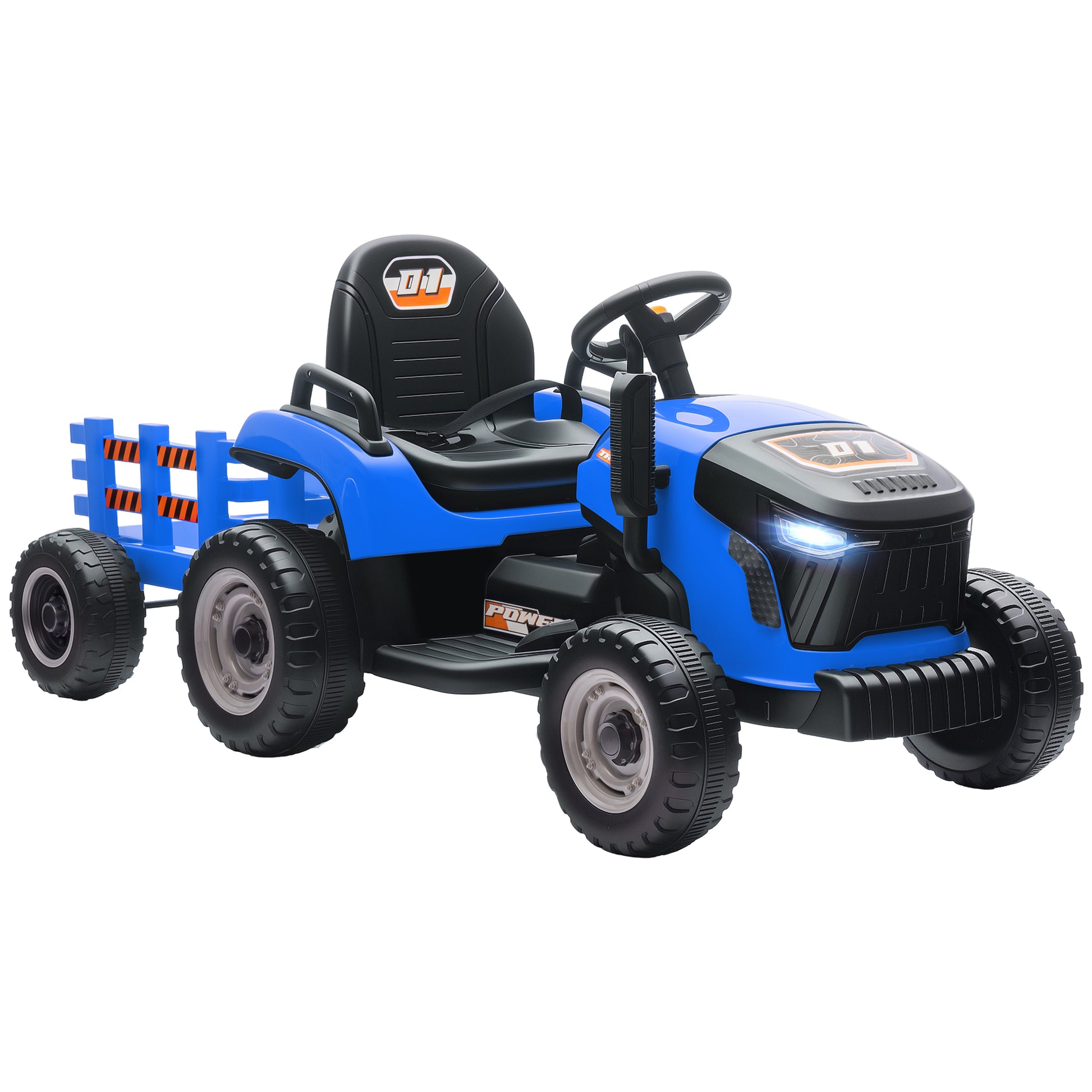 Photo of AIYAPLAY 12V Ride on Tractor and Trailer with Remote Control, Music, Shifter, Start-Up Sound, for Kids Ages 3-8 Years, Blue in Blue colour on a white background