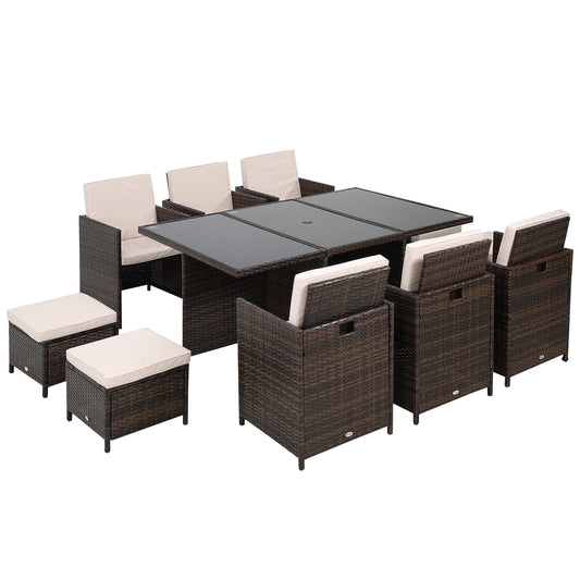 Photo of Outsunny 10 Seater Rattan Cube Garden Furniture Set with Parasol Hole, Rattan Dining Set with Cushions, Outdoor Dining Table and Chairs with Rectangular Glass Top Table for Patio, Mixed Brown in Brown colour on a white background