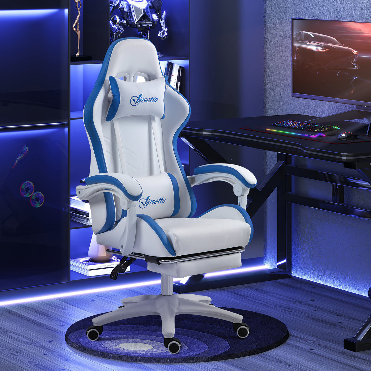Vinsetto Gaming Chair, Computer Gamer Chair with Reclining High Back, Headrest, Lumbar Support, Footrest, Swivel Wheels, PU Leather, Adjustable Height for Home, White and Blue