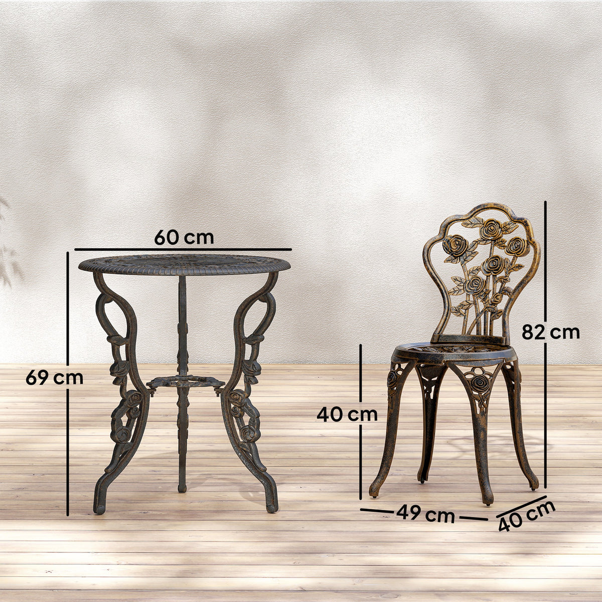 Outsunny Garden Bistro Set with Umbrella Hole, 3 Piece Cast Aluminium Garden Furniture Set, Antique Floral Round Coffee Table and Chairs, Small Balcony Furniture for Outdoor, Patio, Brown Tone