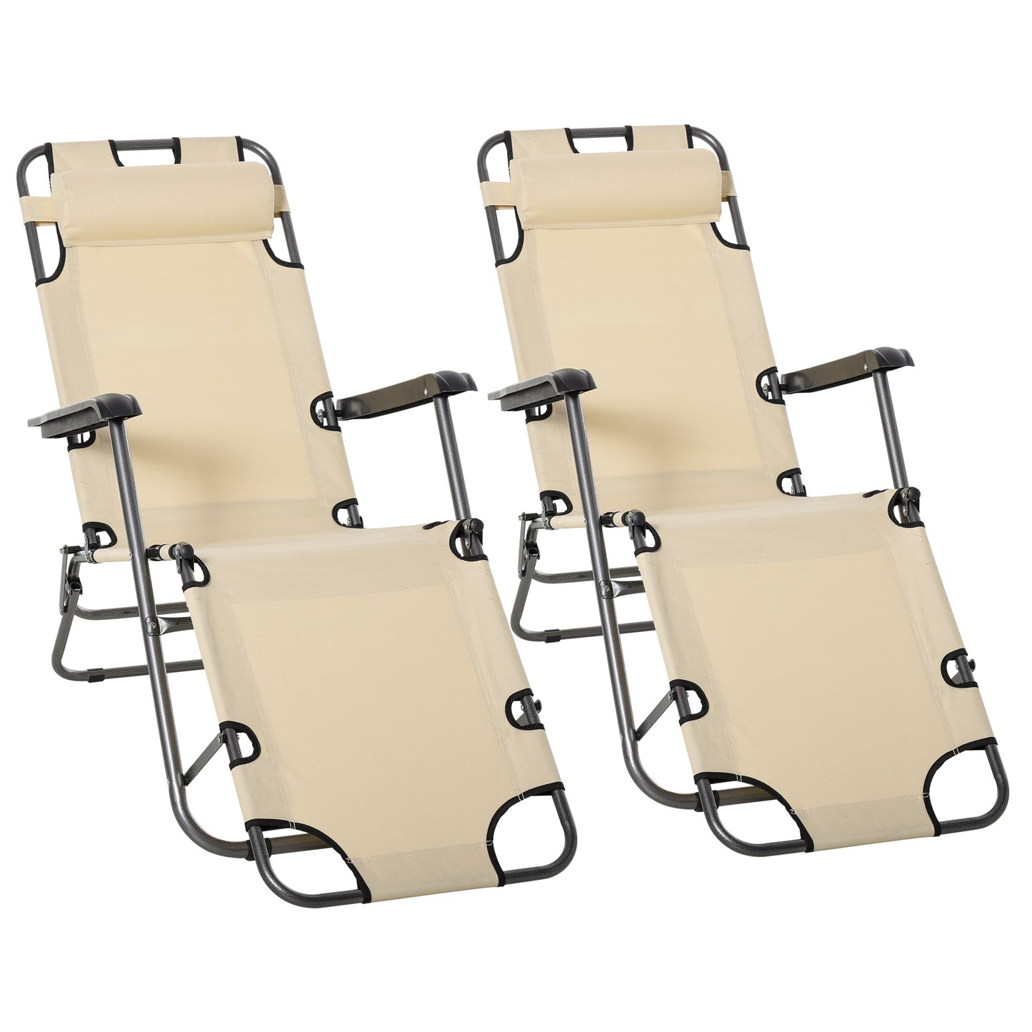 Photo of Outsunny 2 in 1 Folding Sun Lounger Reclining Garden Chair Set of 2 with 2-Level Adjustable Backrest, Outdoor Zero Gravity Recliner Garden Chairs with Head Pillow and Armrests, Beige in Beige colour on a white background