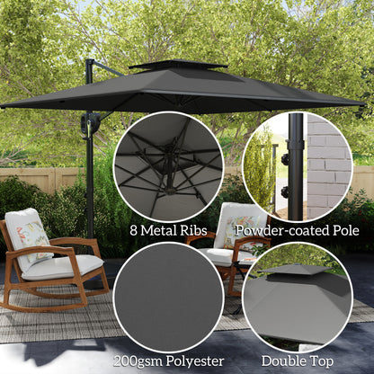 Cantilever patio umbrella with double canopy, metal ribs and powder-coated pole