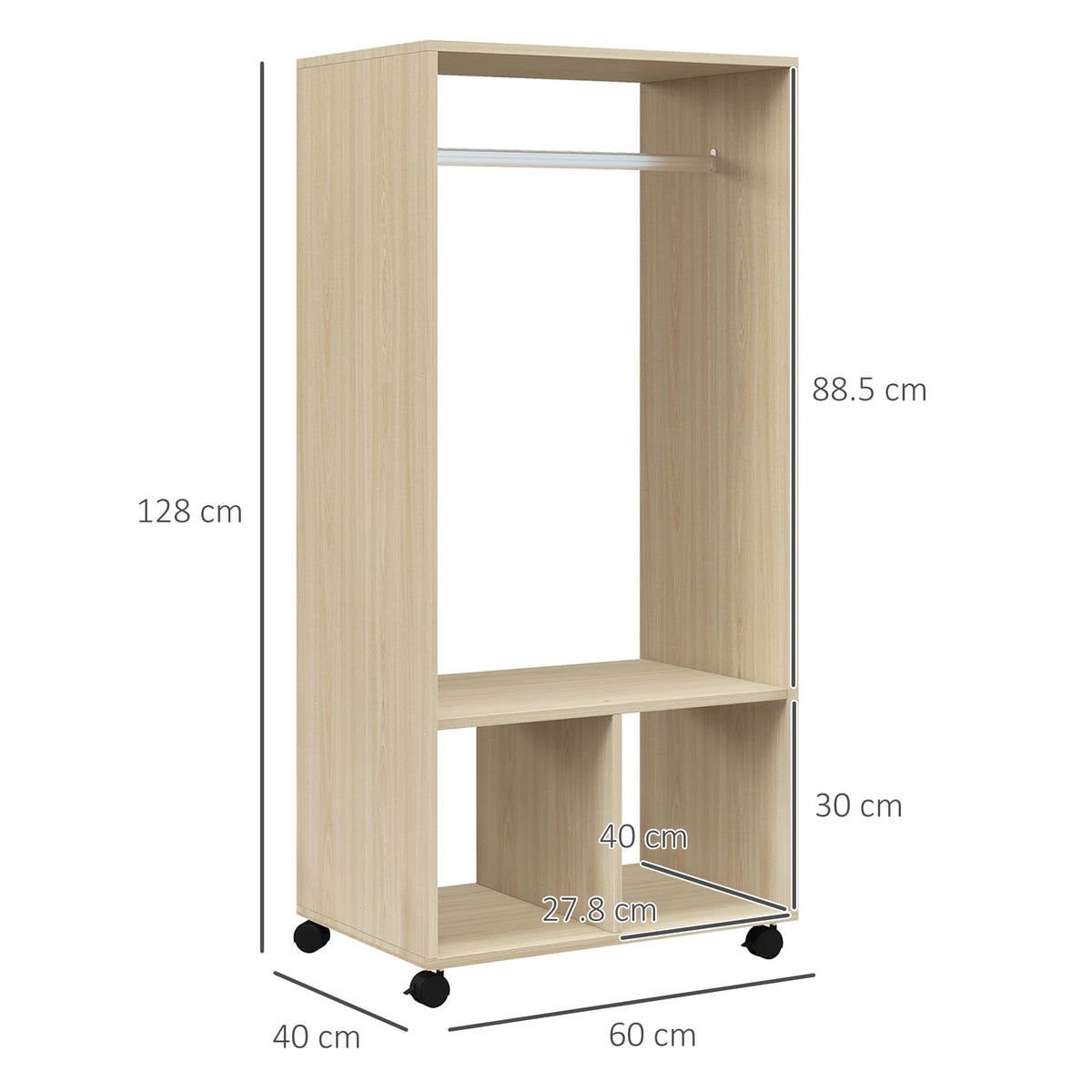 Natural wood open wardrobe on wheels with hanging rail and two lower storage shelves