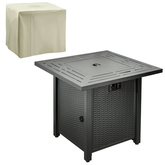 Photo of Outsunny Square Propane Gas Fire Pit Table, 40000 BTU Rattan Smokeless Firepit Patio Heater with Protective Cover, Glass beads and Lid, 71cm x 71cm x 63cm, Black in Black colour on a white background