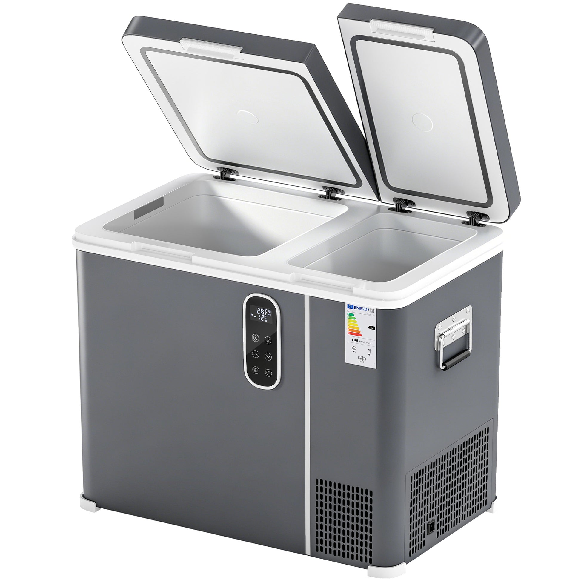 Photo of Outsunny 55L Compressor Car Fridge Freezer, Dual Zone Camping Refrigerator with App Control, Grey in Grey colour on a white background