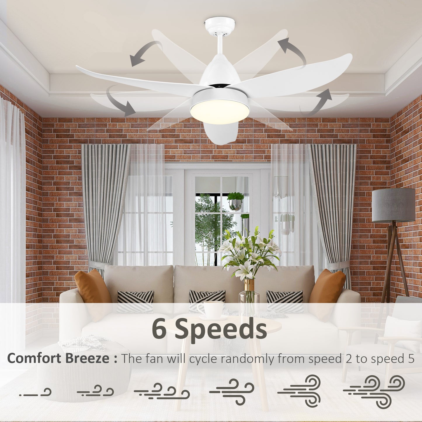 HOMCOM Modern Ceiling Fan with Light, 48-Inch White Small Fans for Bedroom Indoor, Reversible Flush Mount Low Profile Ceiling Light with Remote Control, 3 Blades, 6 Speeds, Timer