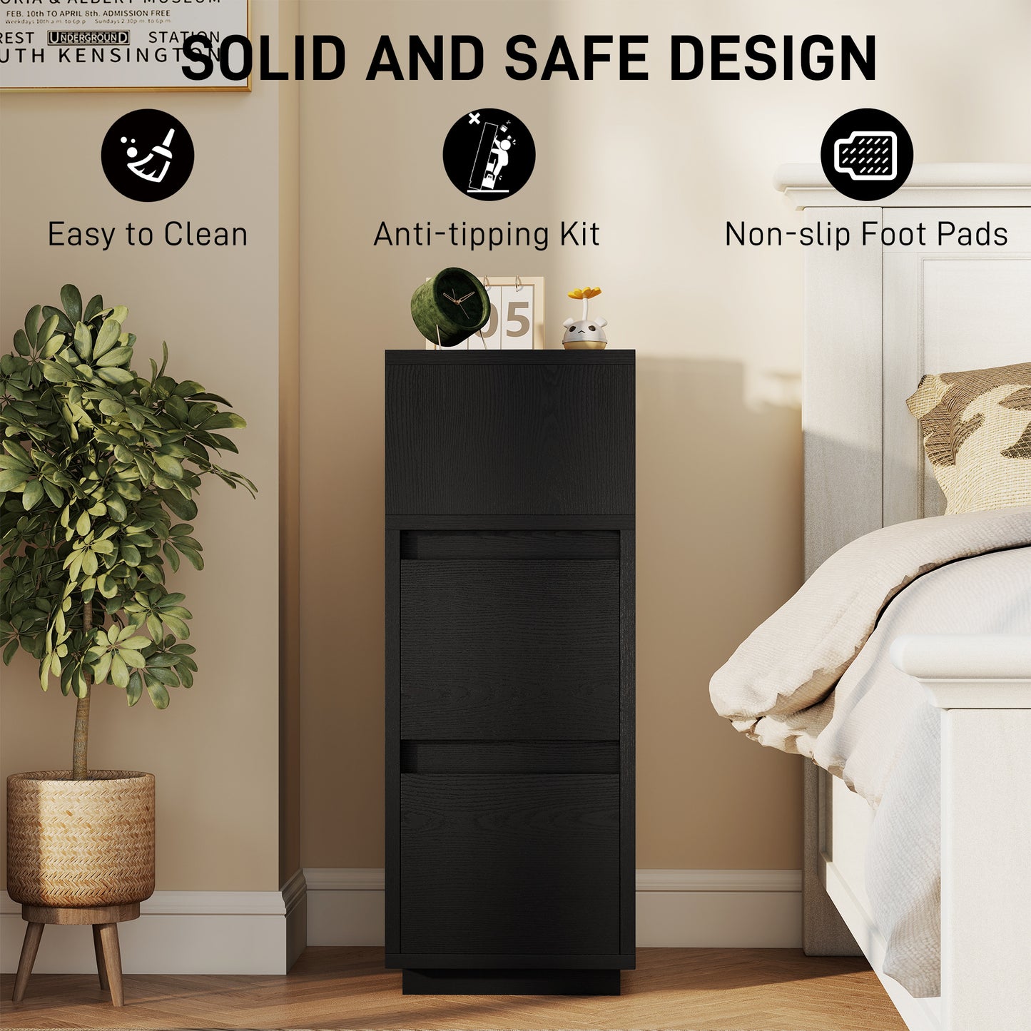 HOMCOM Slim Bedside Table, Narrow Bedside Cabinet with Open Shelf and 2 Drawers for Bedroom, Living Room, Black