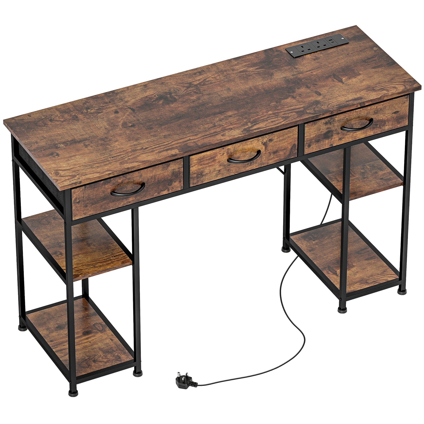 Photo of HOMCOM 120cm Computer Desk with Power Outlets, Office Desk Study Table with Fabric Drawers and Storage Shelves, Rustic Brown in Brown colour on a white background