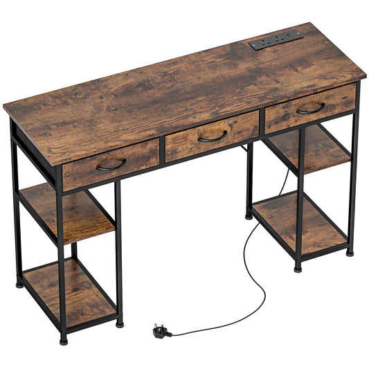 Photo of HOMCOM 120cm Computer Desk with Power Outlets, Office Desk Study Table with Fabric Drawers and Storage Shelves, Rustic Brown in Brown colour on a white background