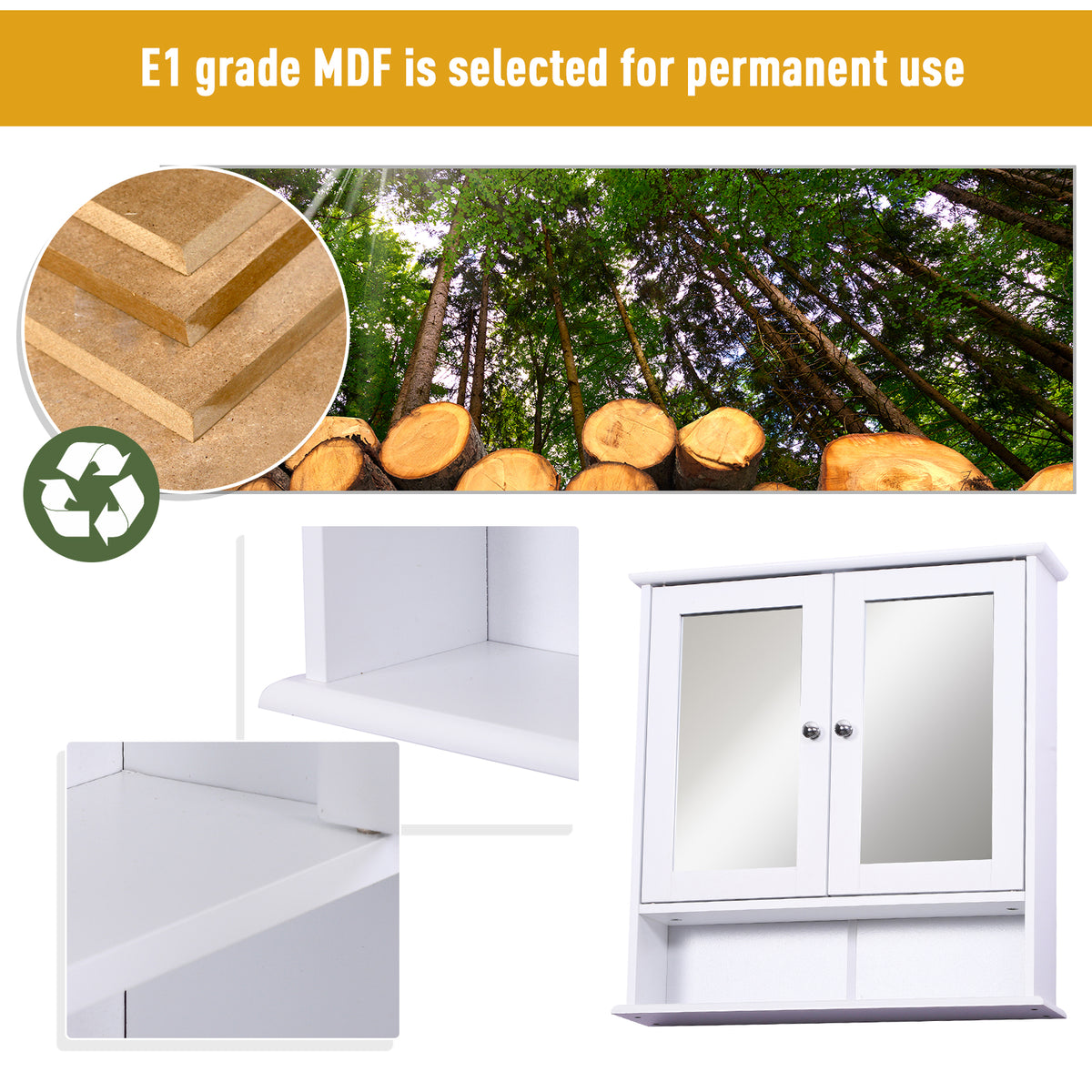 White MDF bathroom cabinet with mirrored doors, open lower shelf and close-ups of shelf construction