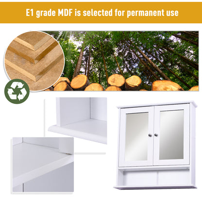 White MDF bathroom cabinet with mirrored doors, open lower shelf and close-ups of shelf construction