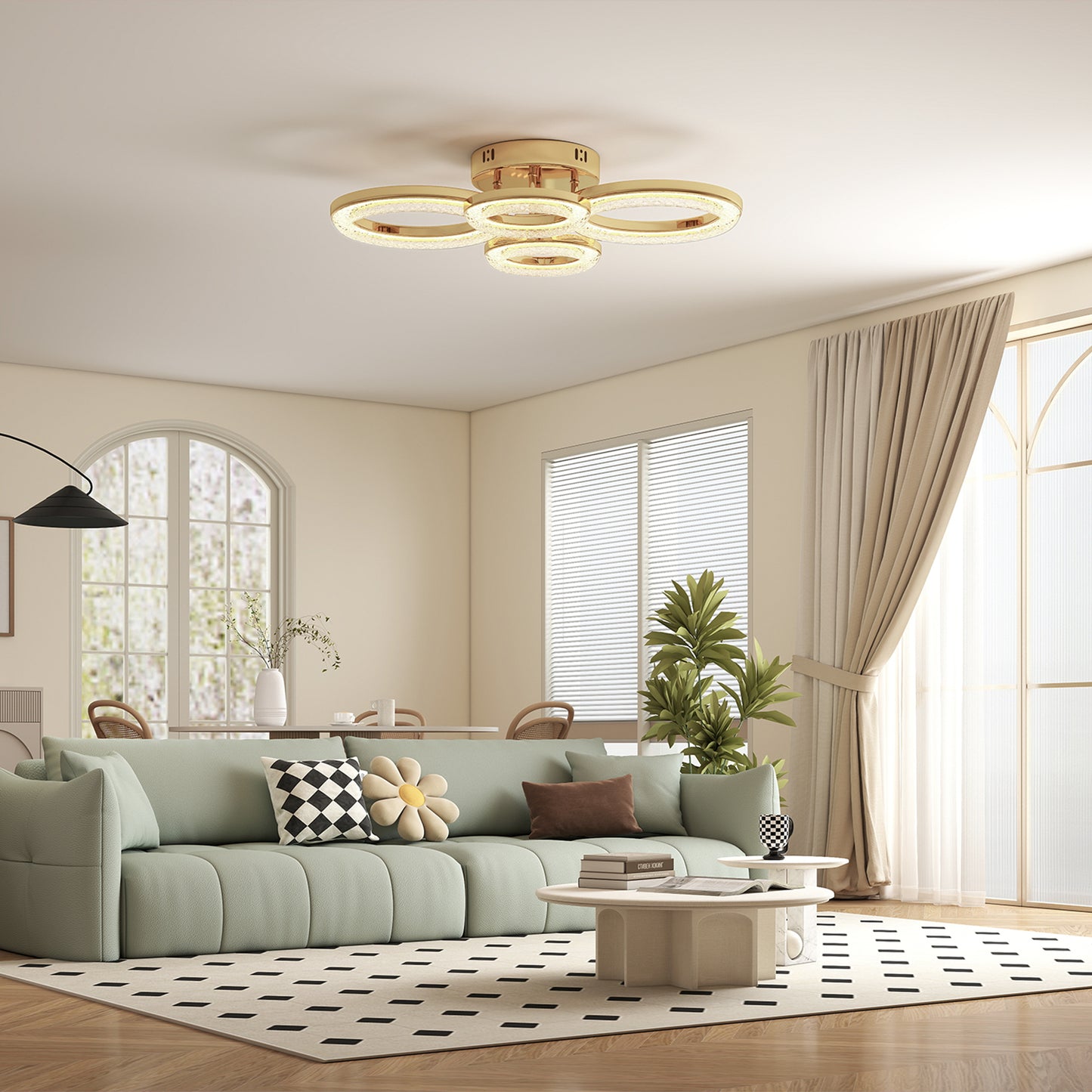 HOMCOM 4-Ring LED Ceiling Light, Flush Mount Ceiling Light with 3 Colour Temperatures, Gold Tone