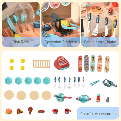 Kids' fast-food trolley playset accessories, including toy plates, utensils, cookware and food
