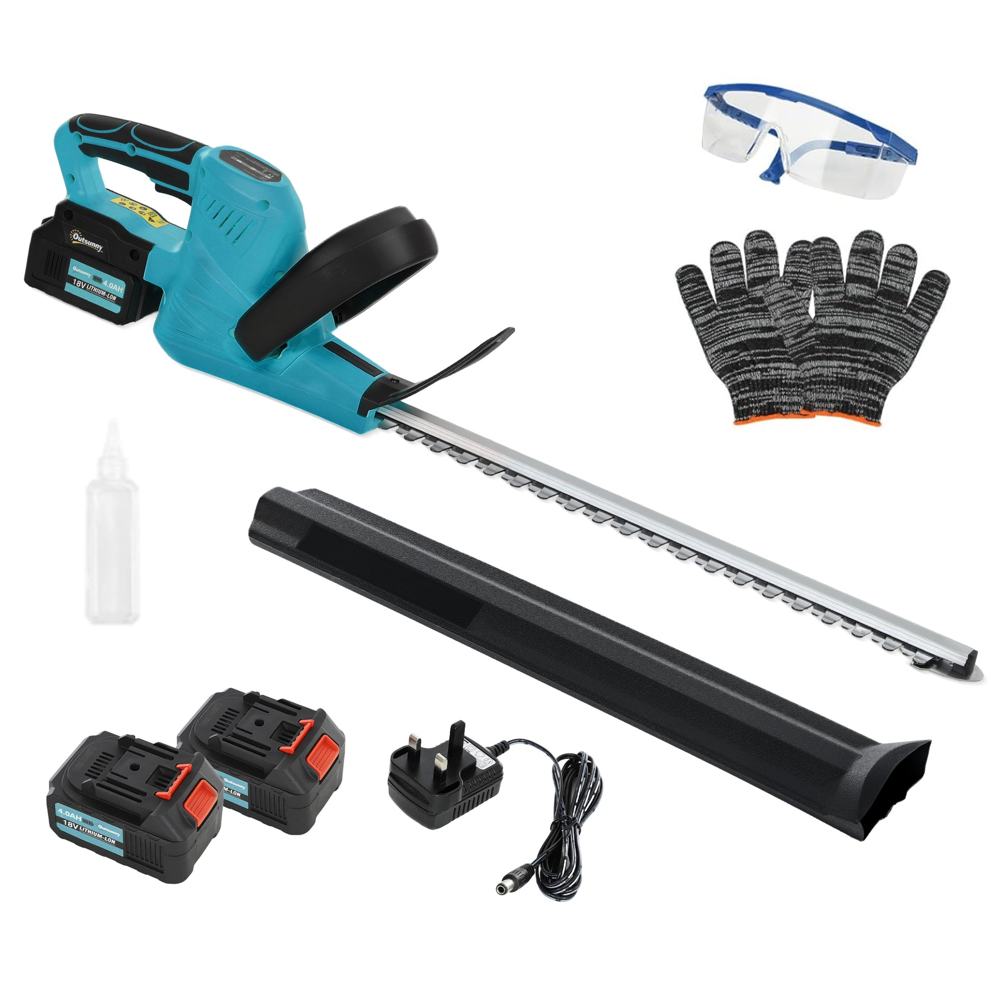 Photo of Outsunny 20" Cordless Hedge Trimmer, 18V Electric Hedge Cutter with 51cm Dual Action Blade, 2 x 4000mAh Batteries and Brushless Motor for Garden Branches, Shrubs, Twigs, Blue in Blue colour on a white background