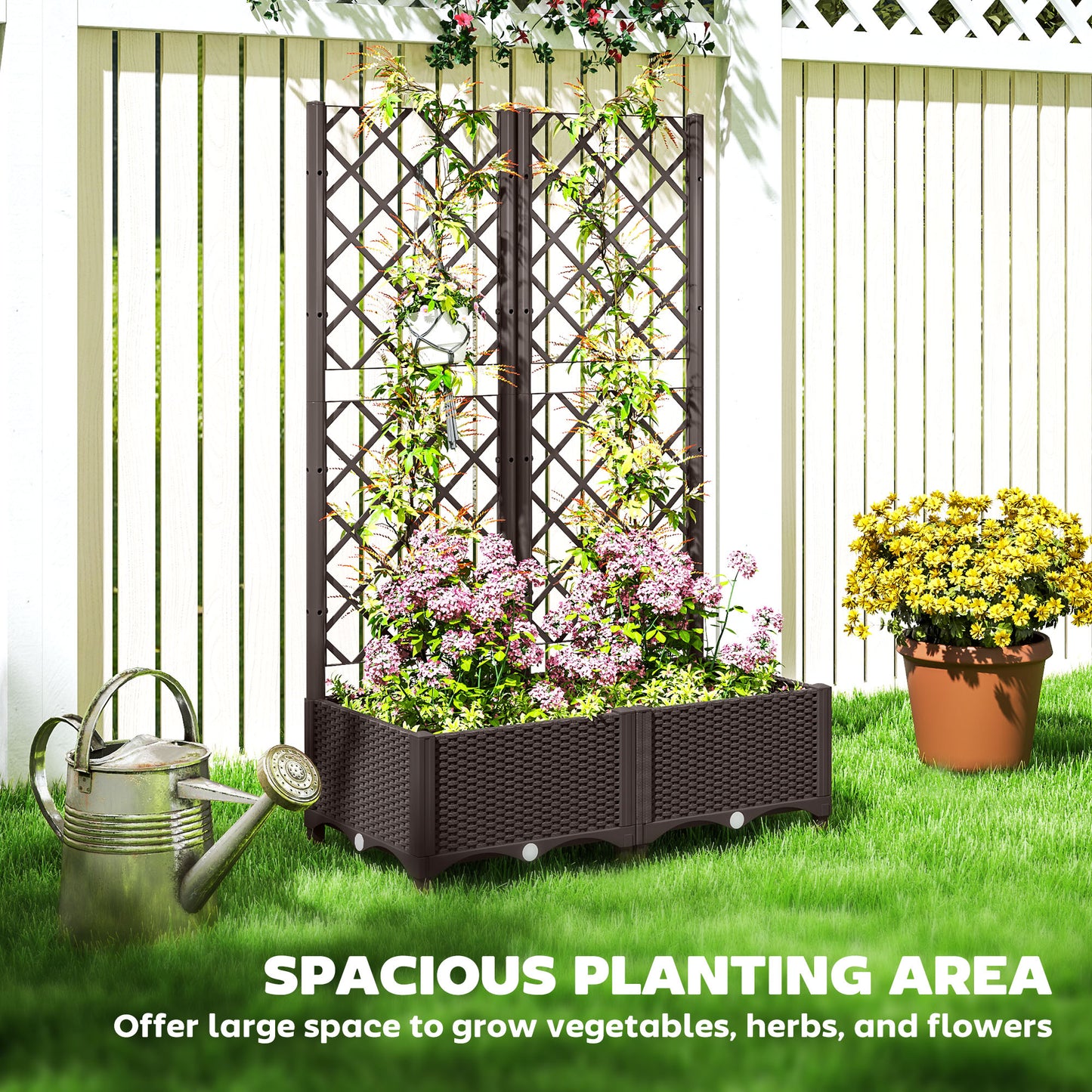 Outsunny Raised Garden Bed with Trellis, Plastic Planter Box with Drainage Holes, Drain Plugs and Water Reservoirs for Climbing Plants, Vegetables, Flowers, Brown