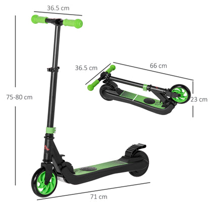 Green and black HOMCOM electric scooter shown unfolded and folded with dimensions