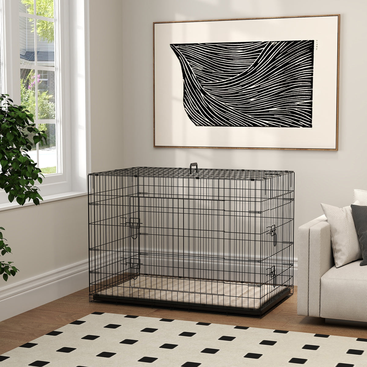 PawHut black wire dog crate with two closed doors and a plastic base