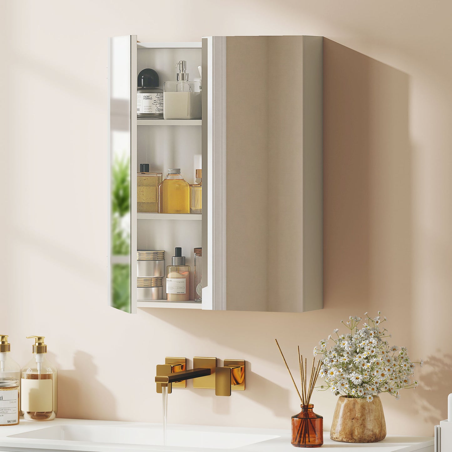 HOMCOM Bathroom Mirror Cabinet, 3-Tier Wall Mount Bathroom Storage Cabinet with Soft-Close Hinges and Adjustable Shelf, Double Door Cupboard, 60 x 15 x 75 cm, White