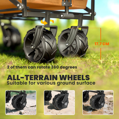 Close-up of the wagon's wide all-terrain wheels, including swiveling front wheels