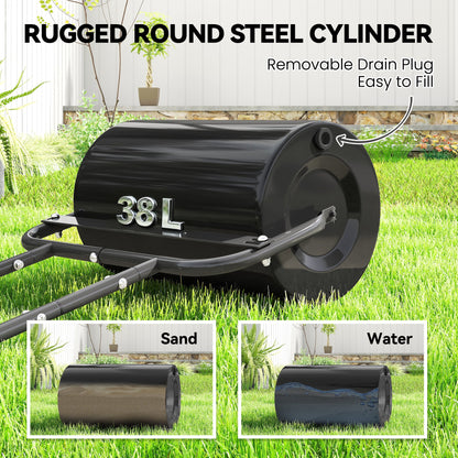 Black steel lawn roller with removable drain plug and 38-liter drum