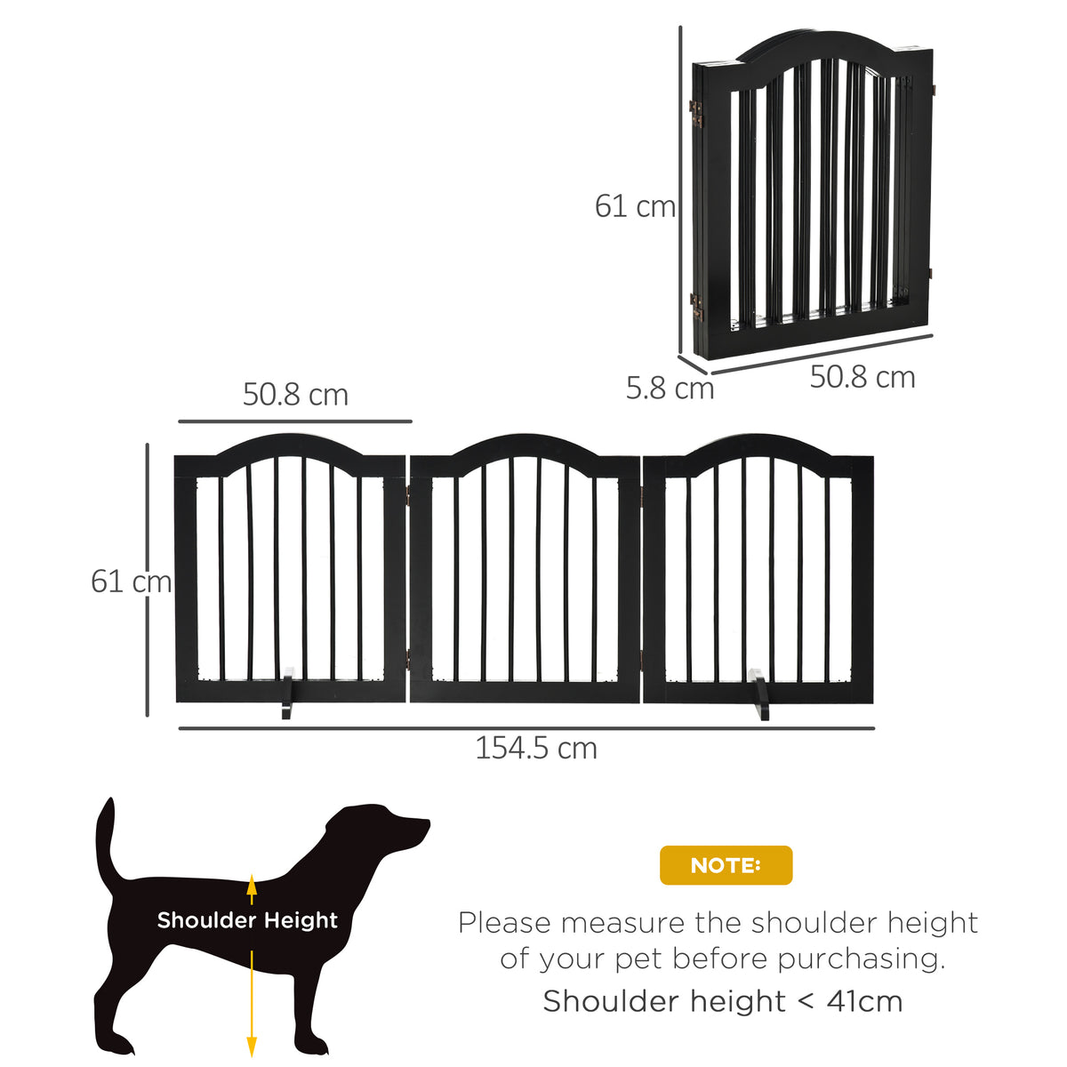 PawHut Freestanding Dog Gate Wooden Stair Gate for Dogs with Support Feet Foldable Pet Fence Safety Barrier for the House Doorway Stairs Black