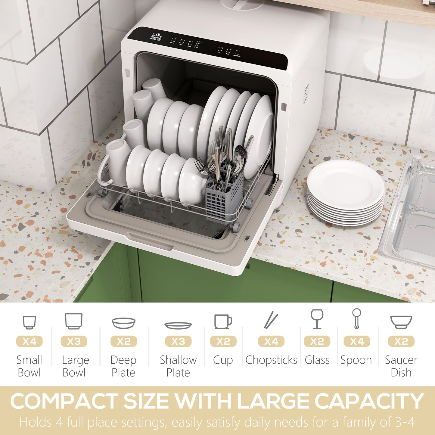 HOMCOM Six-Programme Countertop Dishwasher - White
