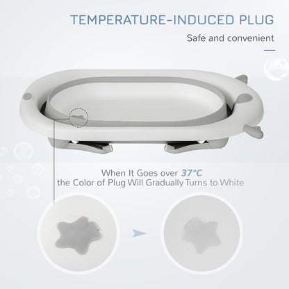 Foldable baby bathtub with temperature-sensitive plug that changes color above 37°C