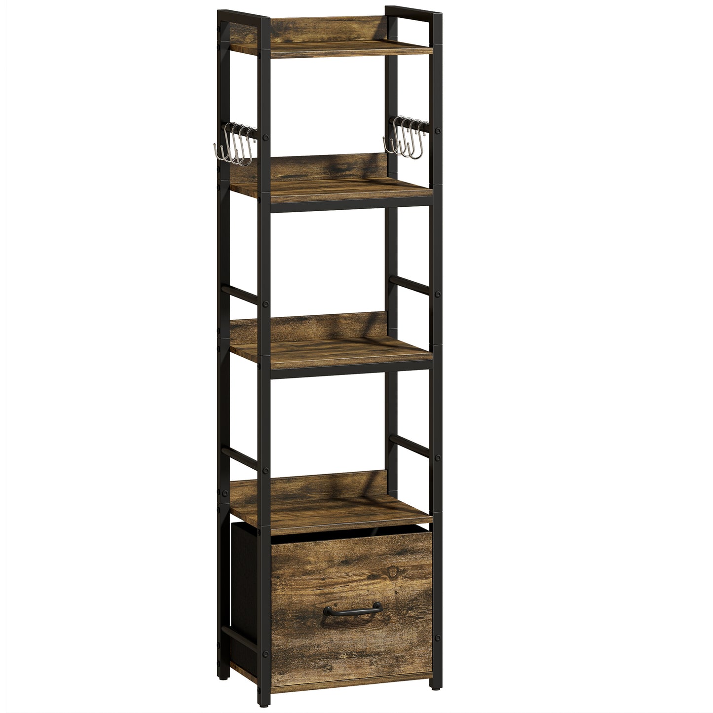 Photo of HOMCOM 4-Tier Bookshelf, Narrow Bookcase with Drawer, 8 Hooks, Metal Frame, Rustic Brown in Brown colour on a white background