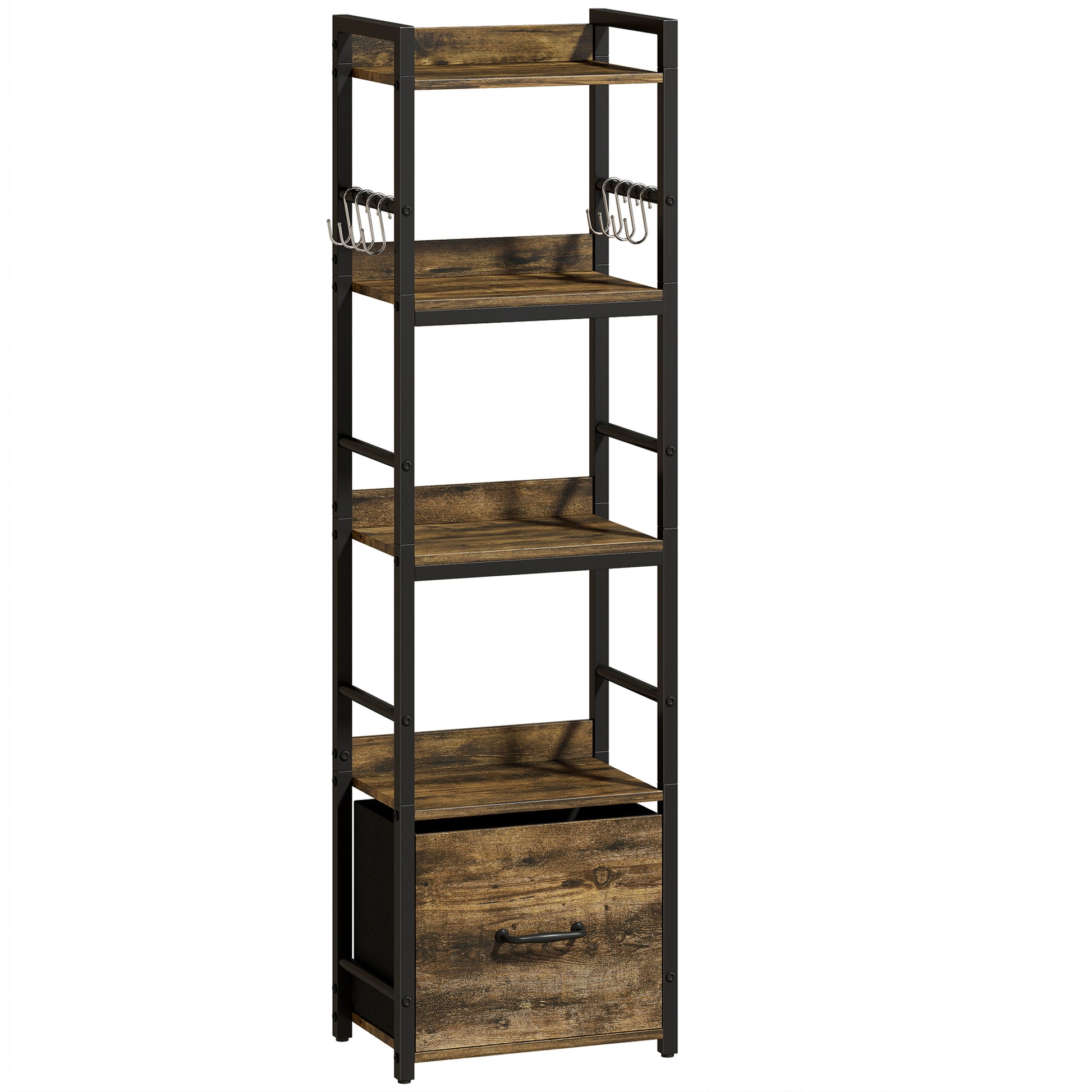 Photo of HOMCOM 4-Tier Bookshelf, Narrow Bookcase with Drawer, 8 Hooks, Metal Frame, Rustic Brown in Brown colour on a white background